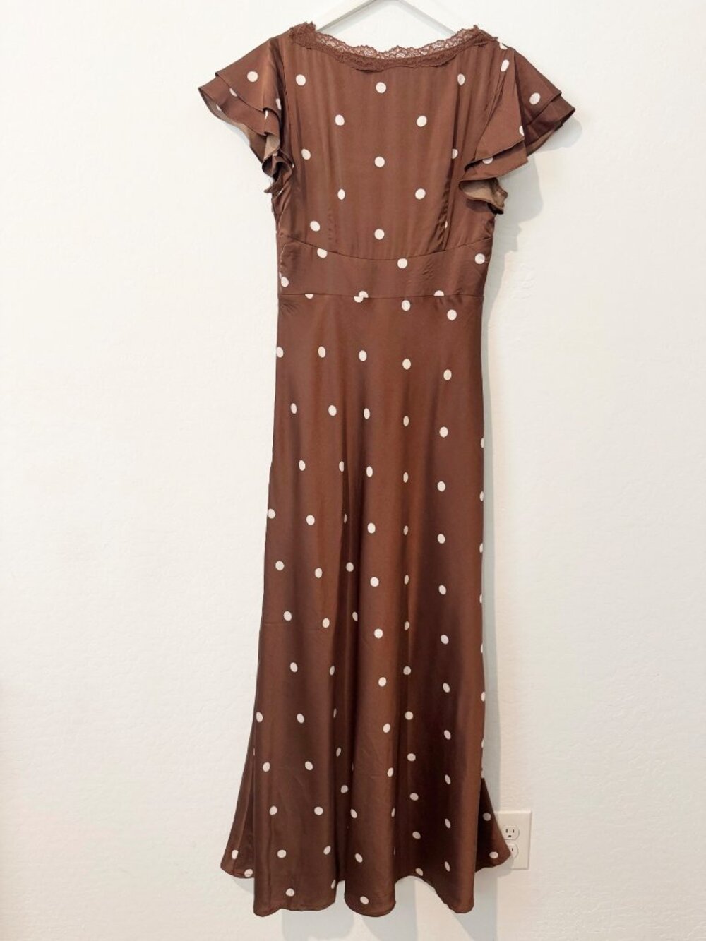 Petal and Pup Arella Maxi Dress Size 6 Brown Polka Dot Lace Trim Satin Romantic - Picture 13 of 14